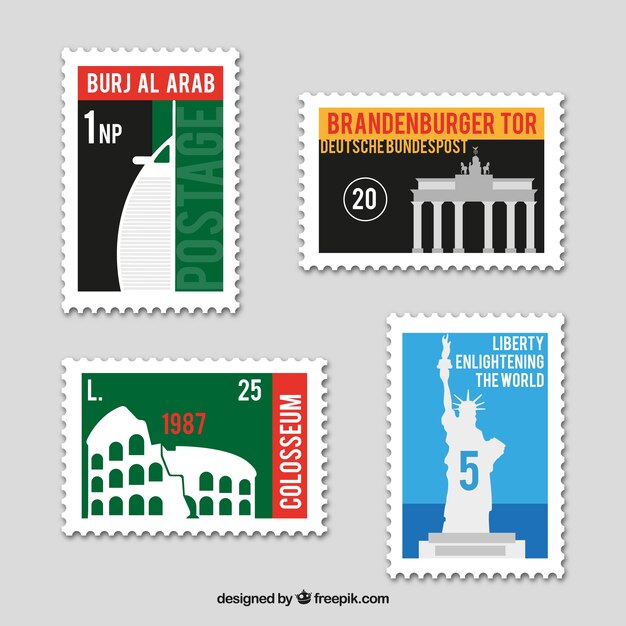 Set of landmark stamps with cities and monuments