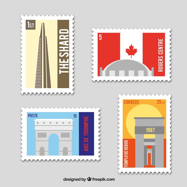 Set of landmark stamps with cities and monuments