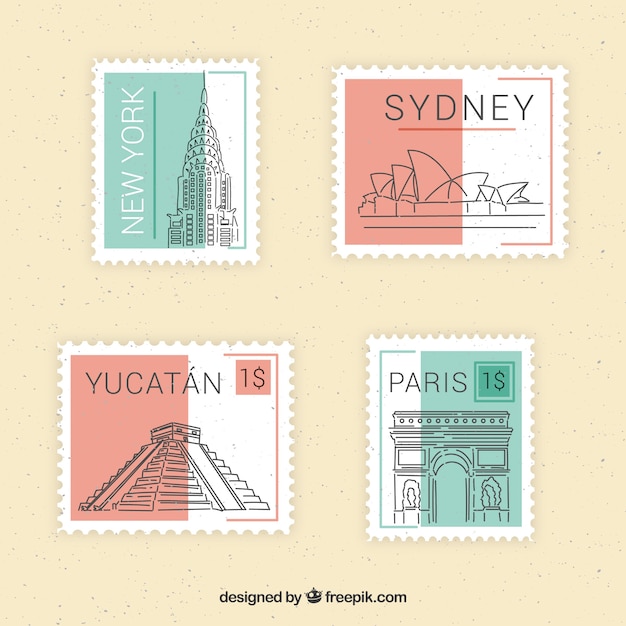 Set of landmark stamps with different cities in flat style