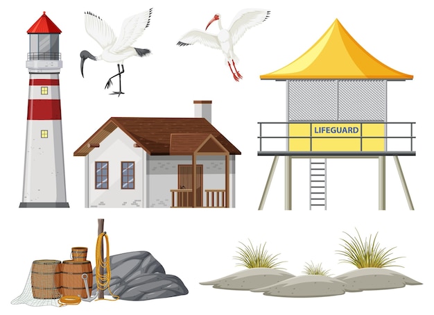 Free vector set of lighthouse and lifeguard buildings