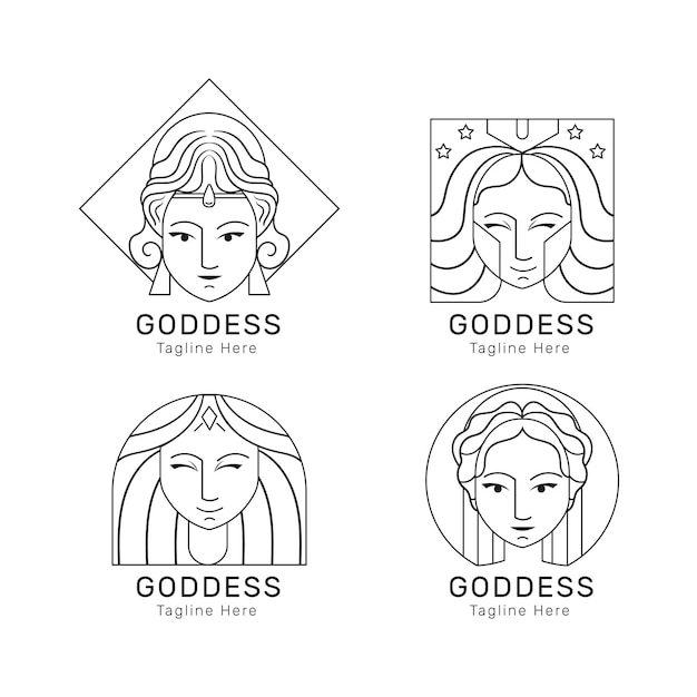 Набор линейных плоских шаблонов логотипа богини