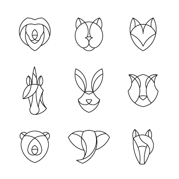 Set of linear graphic of animal heads