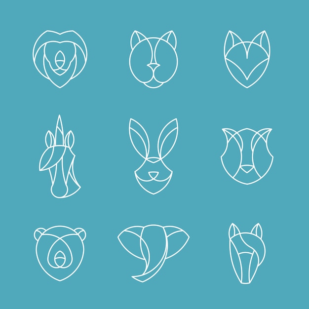 Free vector set of linear graphic of animal heads