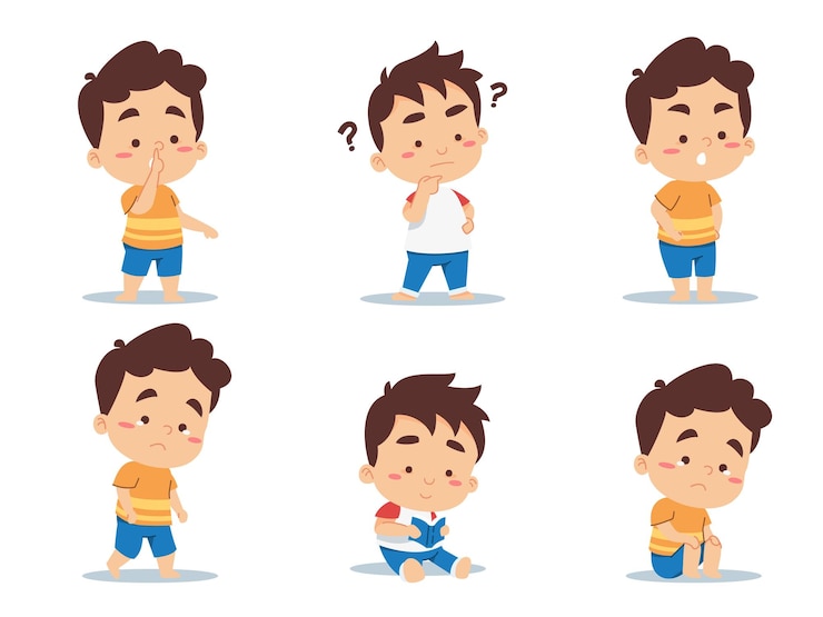 無料Vector 小さな男の子のセットは、白い背景のベクトル図に分離された漫画のキャラクターのさまざまなポーズや感情