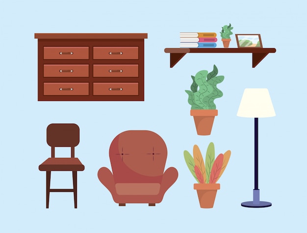 Free vector set living room decoration with dresser and chair