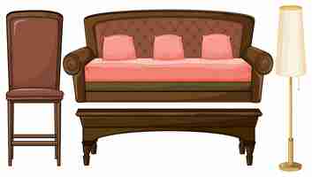 Free vector set of living room furniture with brown and pink theme