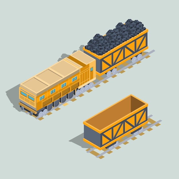 石炭アイソメトリックベクトルと機関車と鉄道のワゴンのセット