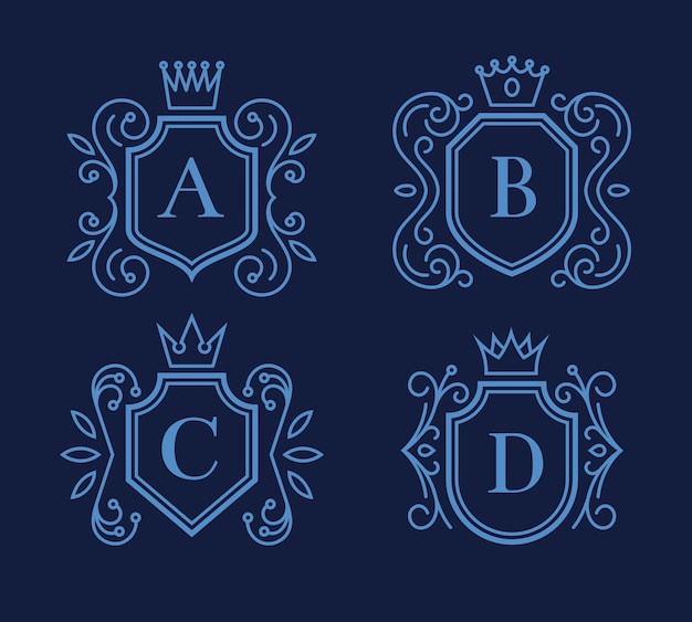 Free vector set of logo or monogram design with shields and crowns. victorian frame