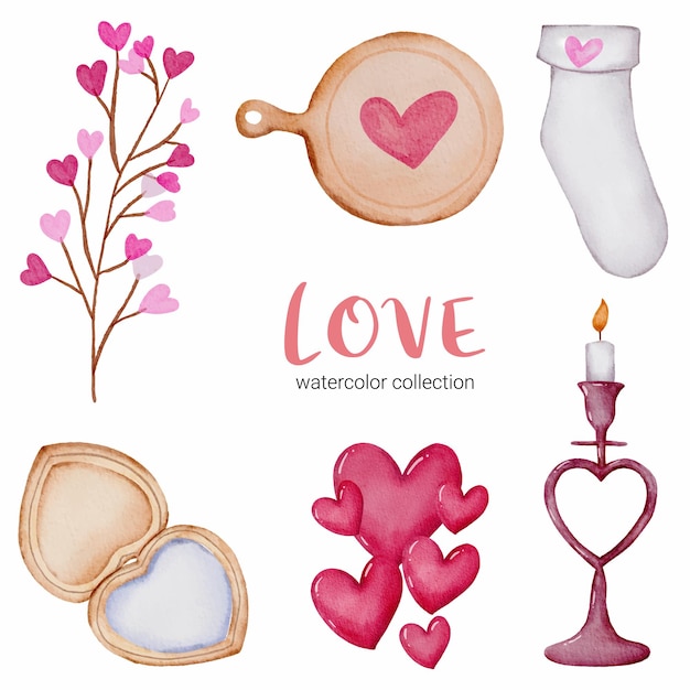 愛callectionのセット、装飾、イラストの素敵なロマンチックな赤ピンクの心の分離水彩バレンタインコンセプト要素。