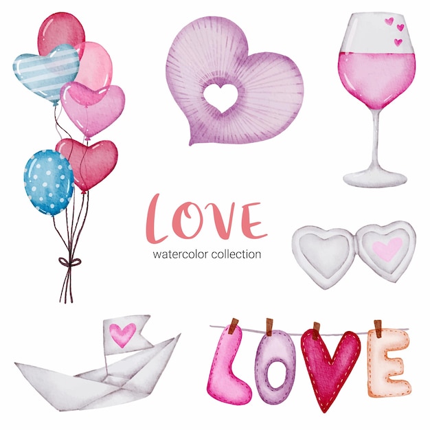 Set of love callection, isolated watercolor valentine concept element lovely romantic red-pink hearts for decoration, illustration.