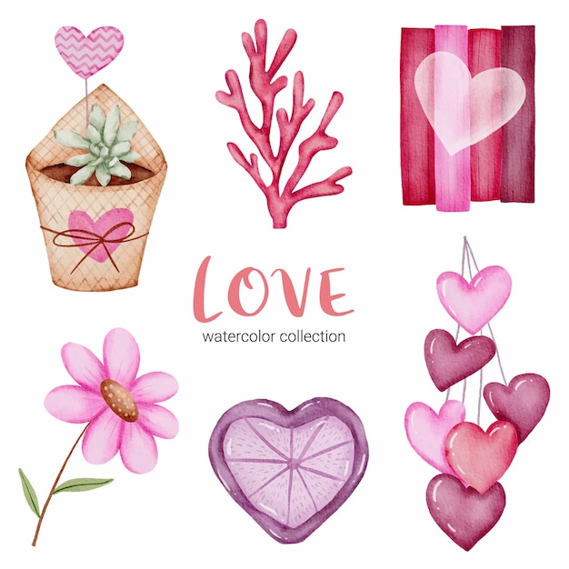 Set of love callection, isolated watercolor valentine concept element lovely romantic red-pink hearts for decoration, illustration.