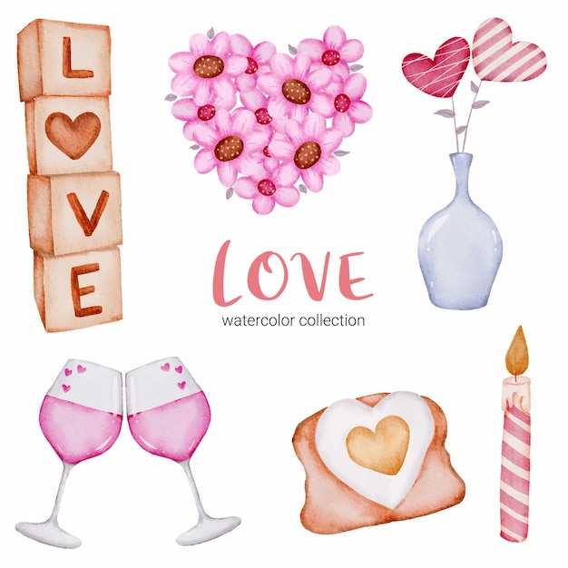 Free vector set of love callection, isolated watercolor valentine concept element lovely romantic red-pink hearts for decoration, illustration.