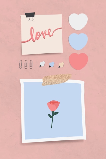 Set of love theme notepaper with pins and clips on pink textured background vector