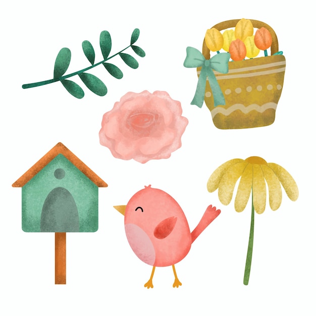 Set of lovely birds bird house leaf basket and flowers cartoon animal drawing watercolor element for graphic designer vector illustration