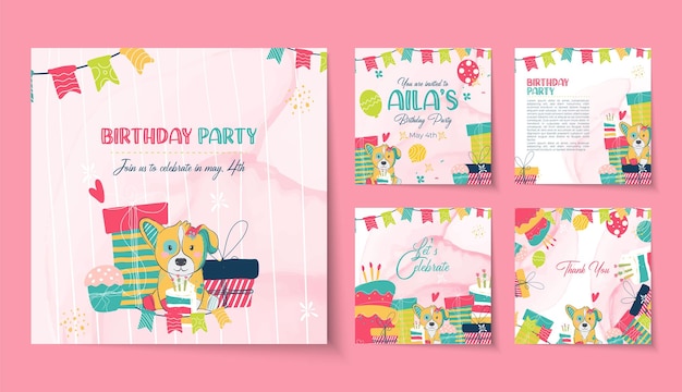 Set of lovely birthday greeting cards with cakes