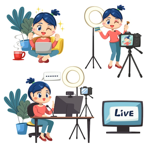 Free vector set of lovely blogger woman use laptop and desktop computer working from home in cartoon character and difference emotion, isolated vector illustration