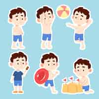 Free vector set of lovely boy with various activities on the beach cartoon vector