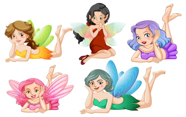 Free vector a set of lovely fairy on white background