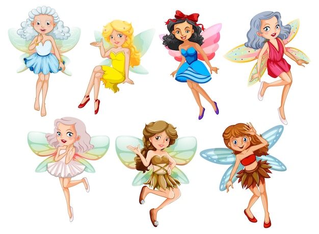 Free vector a set of lovely fairy on white background