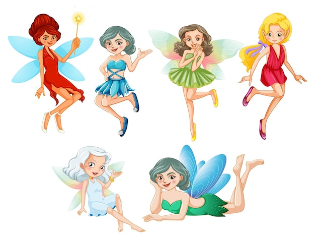 Free vector a set of lovely fairy on white background