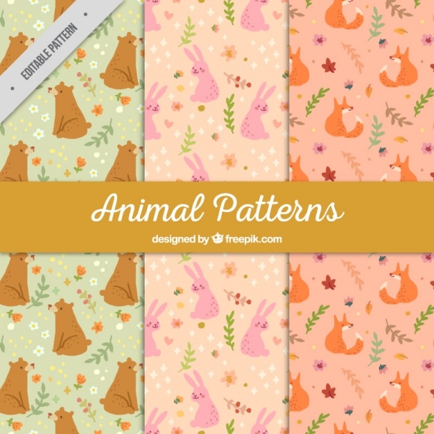 Free vector set of lovely hand drawn animals patterns