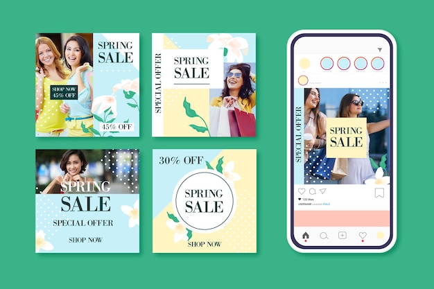 Set of lovely spring sale instagram posts