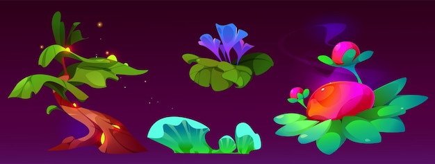 Set of magic tree and flowers isolated on dark background Vector cartoon illustration of neon color fairytale plants fantastic tropical garden flora mushrooms and fireflies alien planet nature