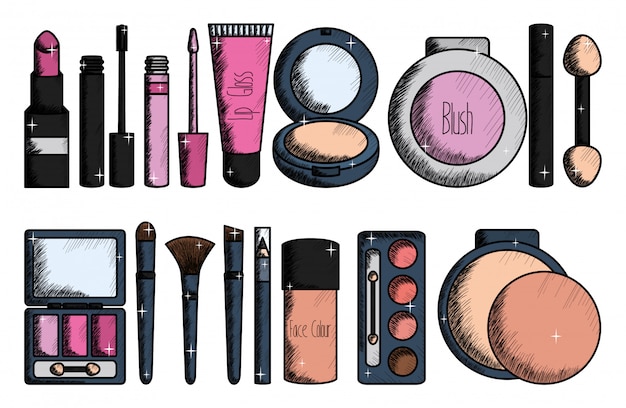 Free vector set of make up accessories drawing