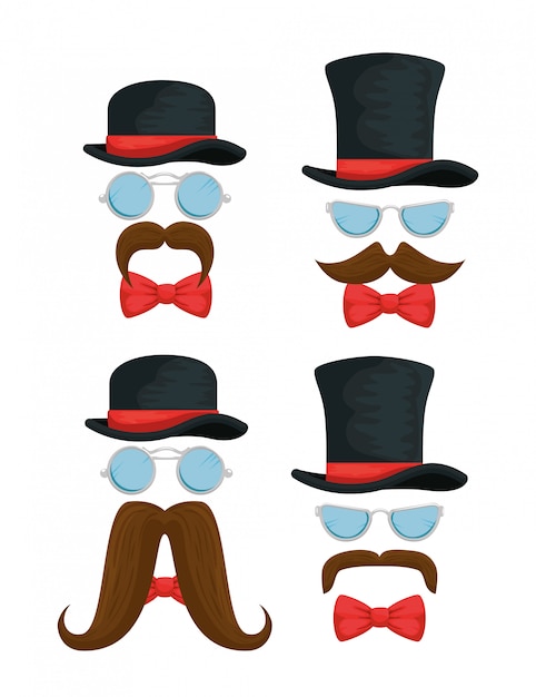 Set of male hat with glasses, bowties and mustaches