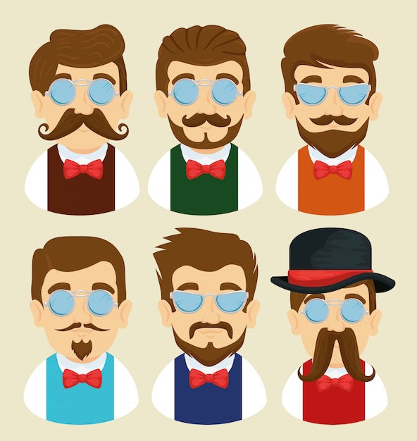 Free vector set of man with glasses, mustache and tie bow