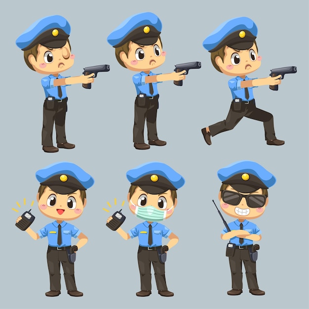 Vettore gratuito insieme dell'uomo con l'uniforme della polizia con diversa recitazione nel personaggio dei cartoni animati, illustrazione piatta isolata
