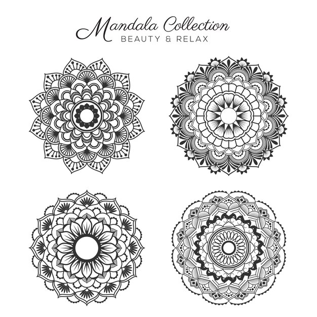 Set of mandala decorative and ornamental design for coloring page, greeting card, invitation, tattoo, yoga and spa symbol