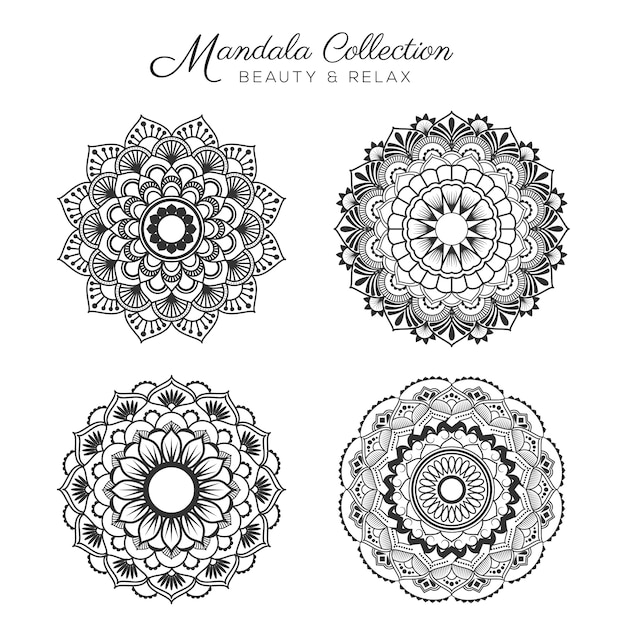 Set of mandala decorative and ornamental design for coloring page, greeting card, invitation, tattoo, yoga and spa symbol