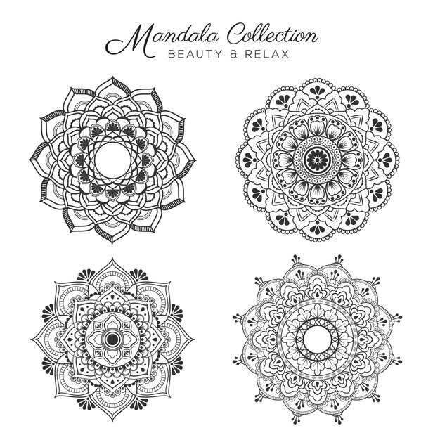 Set of mandala decorative and ornamental design for coloring page, greeting card, invitation, tattoo, yoga and spa symbol