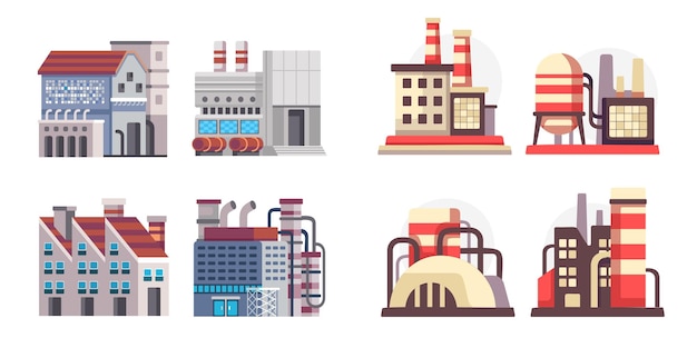 Free vector set of manufactory industrial buildings refinery factory and chemical plant buildings isolated on white background icons set colorful illustration in flat style building big of plants or factory