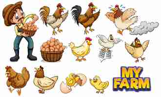 Free vector set of many chickens and farmer