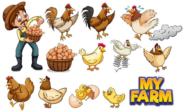 Set of many chickens and farmer