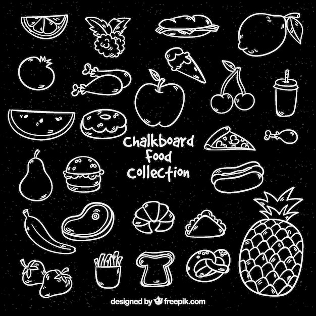 Free vector set of many food elements in chalk style