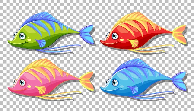 Set of many funny fishes cartoon character isolated on transparent background