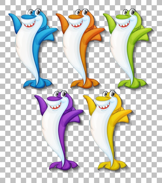 Free vector set of many smiling cute shark cartoon character isolated on transparent background