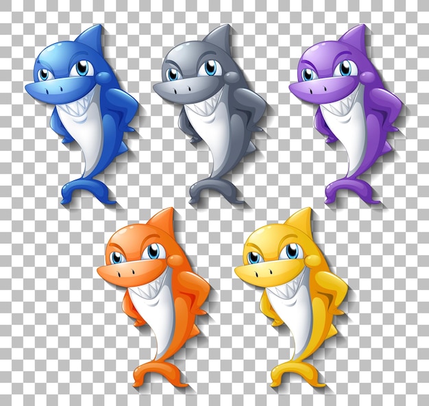 Free vector set of many smiling cute shark cartoon character isolated on transparent background