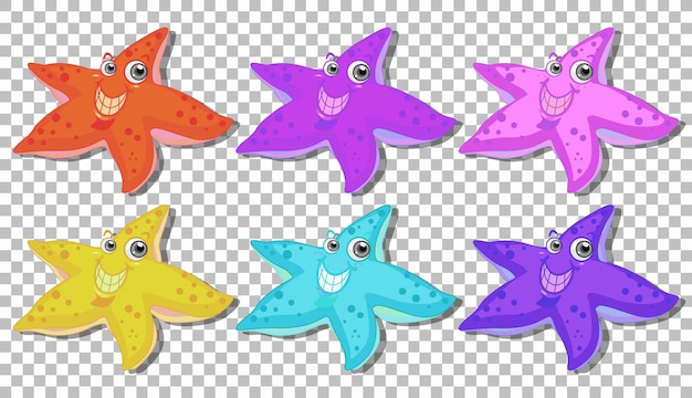 Free vector set of many smiling starfish cartoon character isolated on transparent