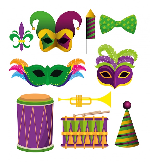 Free vector set mardi gras decoration accessories for festival