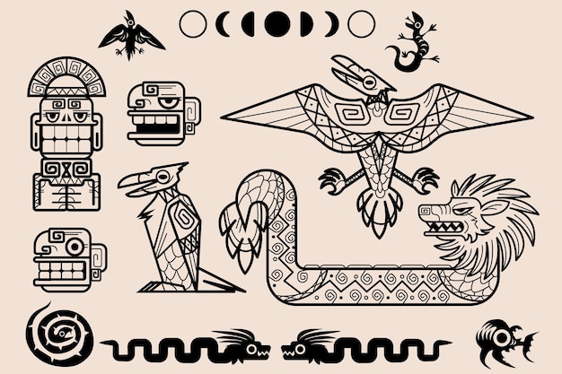 마야 또는 아즈텍 패턴 부족 장식 요소 집합