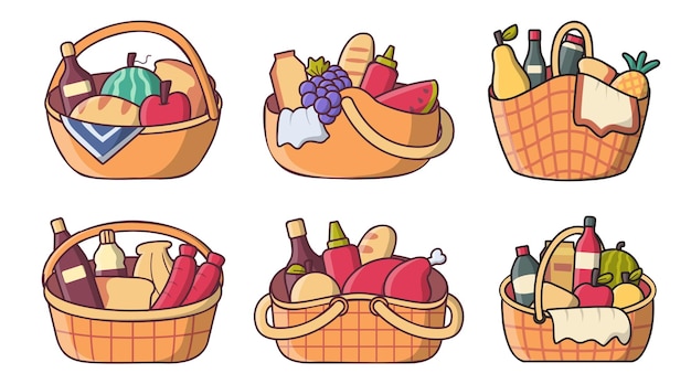 Set of meal beverage and fruit verious type in picnic basket drawing isolated on white background vector illustration