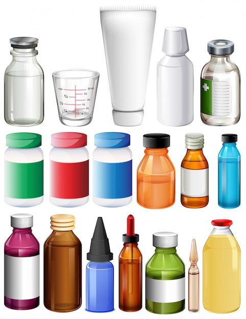 Set of medical containers on a white background