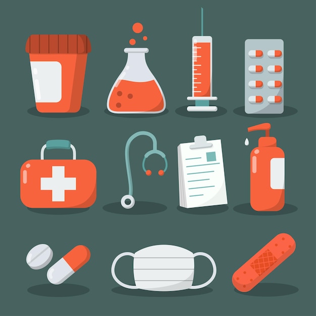 Vettore gratuito set di oggetti medici e assistenza sanitaria in stile cartone animato per grafico, illustrazione vettoriale piatta