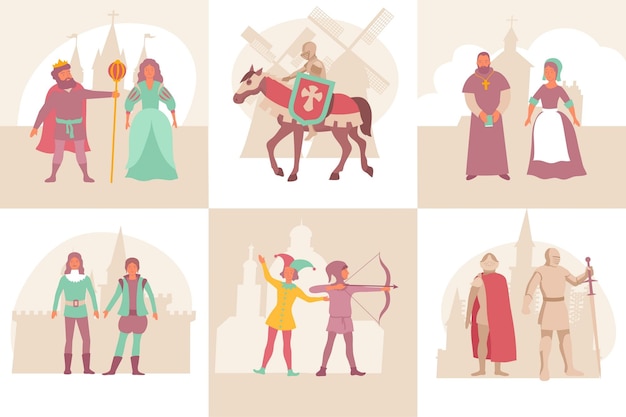 Free vector set of medieval compositions with flat townscape silhouette backgrounds and tale heroes in old fashioned suits vector illustration