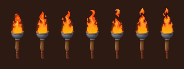 Set of medieval sprite torches with burning fire sequence animation. Ancient wooden brands with flame. Cartoon elements for pc game, flaming torchlight or lighting flambeau isolated vector icons