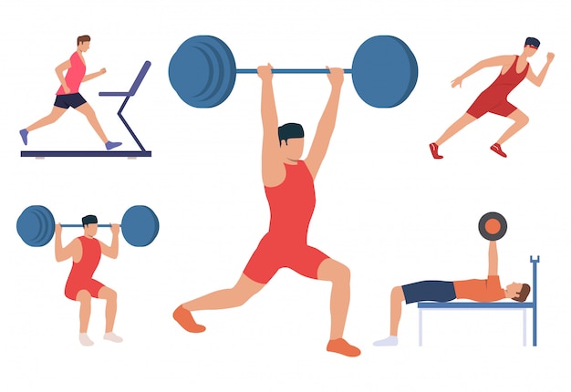 Free vector set of men training body. male lifting weights